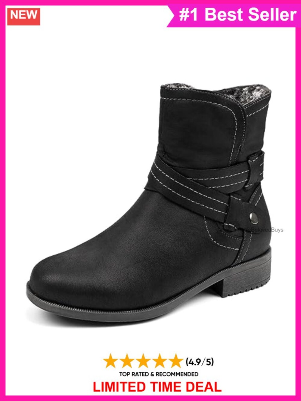 Faux Leather Mid Calf Boots Fur Lined Round Toe Low Heel Slouchy Booties